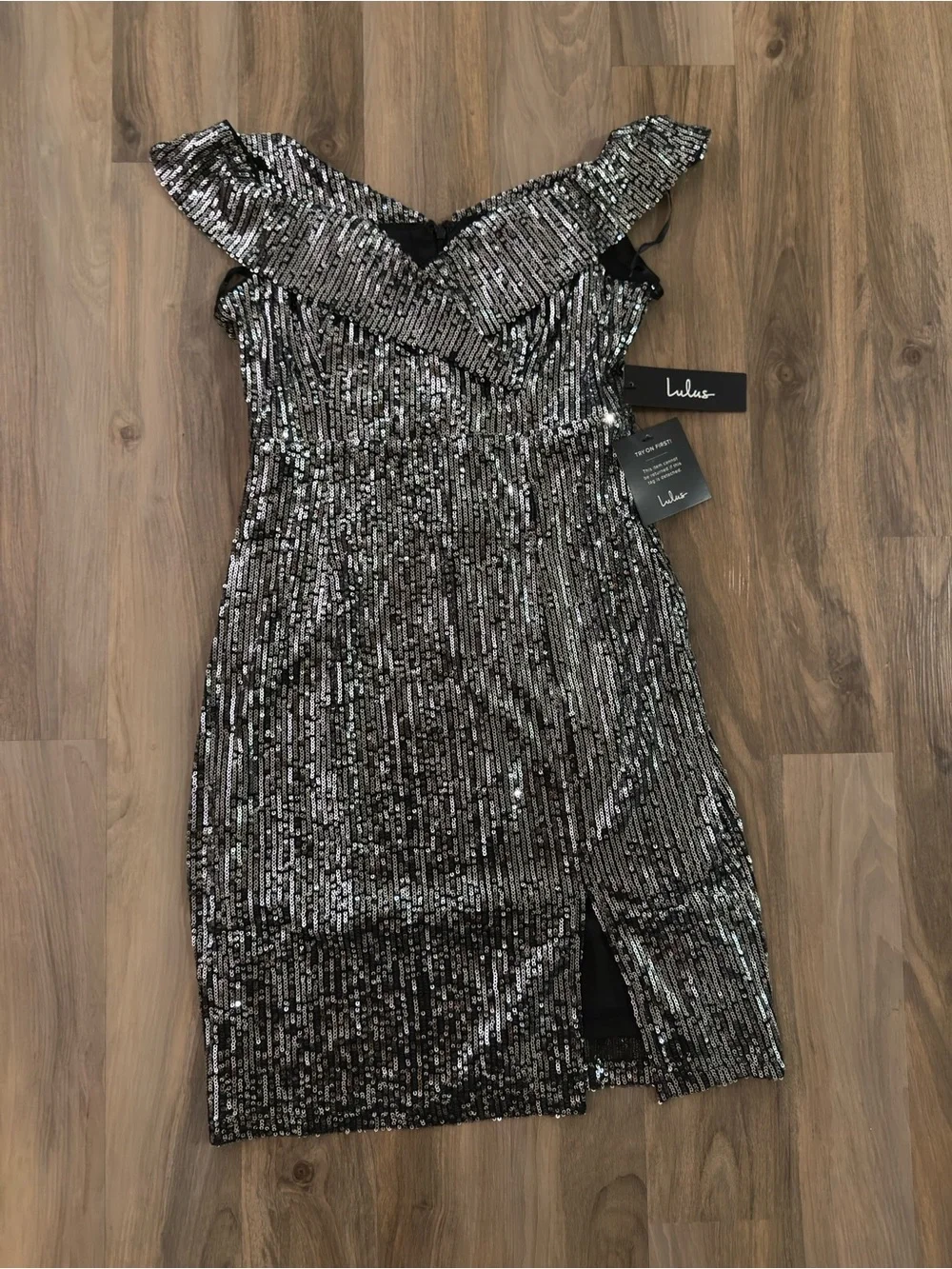 Lulus Once in a Lifetime Silver Sequin Off-the-Shoulder Mini Dress size S